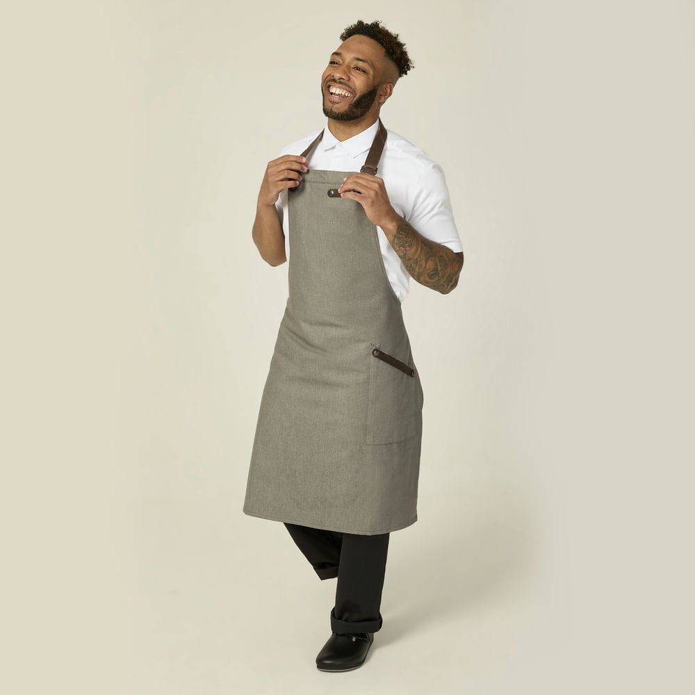 Grey Denim Bib Apron with Leather Detailing | Oliver Harvey