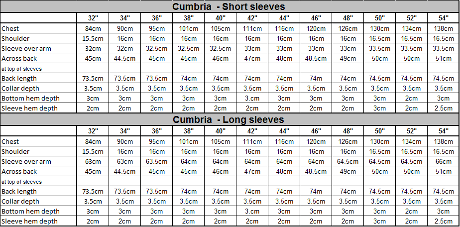 Cumbria Size Guide Cumbria Size Guide