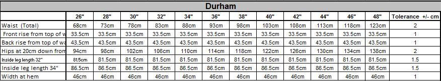 Durham Size Guide